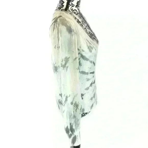 Maven West Gray Tie Dye knit Sheer Sleeve Plunge Neckline Folk Lore Top, S - Picture 11 of 12